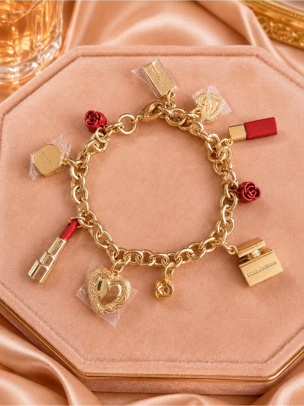 Dolce & Gabbana Y2K Makeup Gold-Tone Multi-Charm Bracelet Lipstick Rose Heart